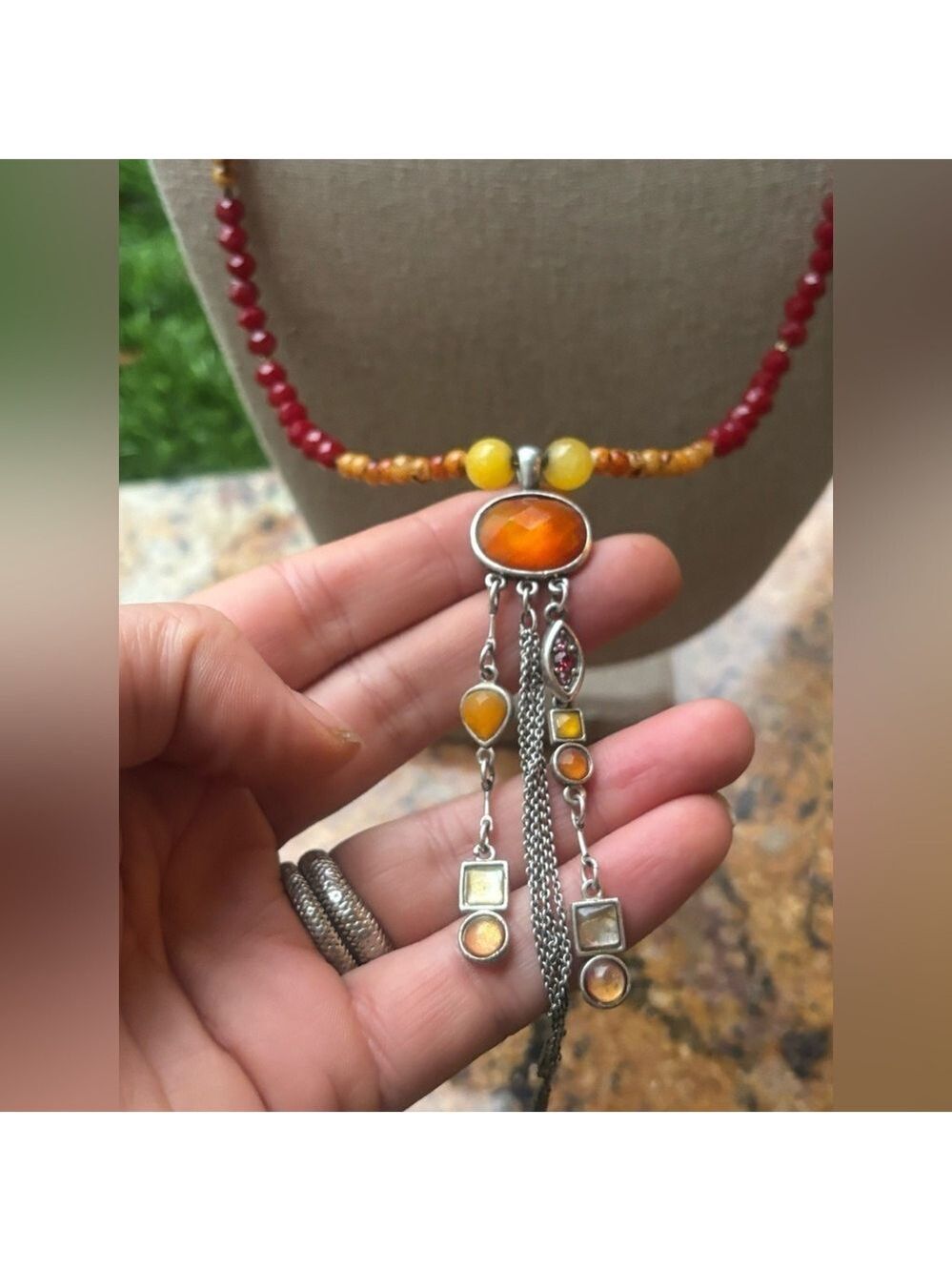 ARTISAN Hand Crafted Necklace w/ Vintage Silver Plated Pendant & Amber Beads